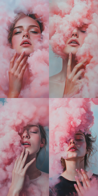 超现实主义手法，被延误这笔的人脸，粉色烟雾，天空，女人，手掌，艺术描绘，光影，油画，特写镜头，柔和光线，梦幻色彩，细腻笔触，神秘氛围，情感深邃。