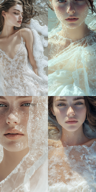 糖霜薄纱女性特写，对称构图，右侧白色海水泡沫，左侧白色沙滩水痕，高光细节，柔和光线，广角镜头，自然环境，细腻质感，冷色调，优雅，宁静。