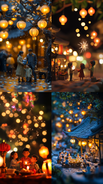 微缩场景元宵节夜，家人团聚，对角线构图，暖光，长焦镜头，慢快门，灯笼烟花，温馨亲情，节日氛围。