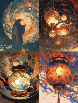 chinese woven lantern with pointillistic flowing background in luminous installation style, 8k resolution, color möbius, chiaroscuro woodcut, fisheye effect, red tint, van gogh painting style, burne-jones