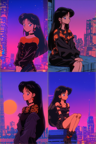 蒸汽波风格，日落时分，城市天际线，紫色粉色橙色渐变天空，霓虹灯效果，超现实感，美丽的中国女孩，长直发，梦幻氛围，长焦镜头，柔和光线，慢快门，迷幻色彩，宁静。