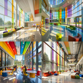大学生公共活动空间室内设计，彩虹元素，活力，大空间，大进深，自然光，大落地窗