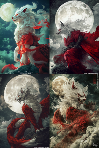 天狗，山海经异兽，强壮的狼的身体，白色猫头，鬃毛，明亮眼睛，锋利牙齿，身上红色毛发，全身像，仰望月亮，乌云遮住一边月亮，广角镜头，四肢有力，邪恶之兽，上古昆仑山环境，细节丰富，电影质感，电影光线，高清晰摄影，高对比度，自然环境，广角镜头，侧光，慢快门，神秘，暗黑，力量，危险，神圣。