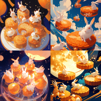 兔子们在月饼上，宇航员兔子快乐奔跑，星空背景，对称构图，柔和光线，广角镜头，高饱和度，暖色调，动态模糊，欢乐，梦幻。