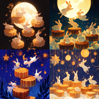 兔子群站在月饼上，一只兔子快乐地跑向它们，星空满天，对称构图，柔和光线，夜晚，长焦镜头，低对比度，温馨，欢乐。