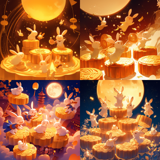 兔子群站在月饼上，一只兔子快乐地跑向它们，团圆场景，星空背景，温馨氛围，广角镜头，柔和光线，慢快门，动态模糊，温暖色调，喜悦表情，细节丰富，节日气氛。