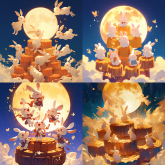 兔子群站在月饼上，欢聚一堂，快乐飞向月球，星空璀璨，对称构图，柔和光线，夜晚，长焦镜头，低对比度，梦幻氛围，微笑，温暖色调，喜悦。