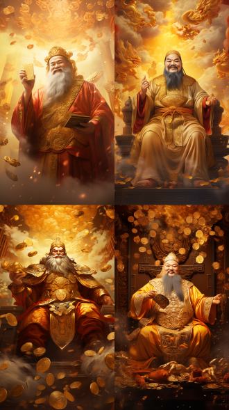 财神，庄严面容，金色服饰，手持金元宝，祥云环绕，宫殿背景，对称构图，高光细节，金色与红色为主，广角镜头，柔和光线，微笑，财富，吉祥。