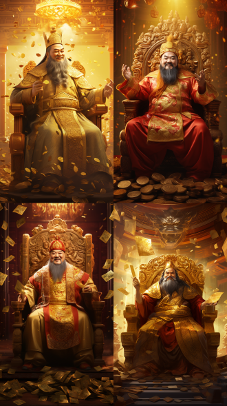财神，庄重威严，金色服饰，手持金元宝，微笑，宝座，宫殿背景，对称构图，高光，金色和红色，广角镜头，柔和光线，祝福，繁荣。
