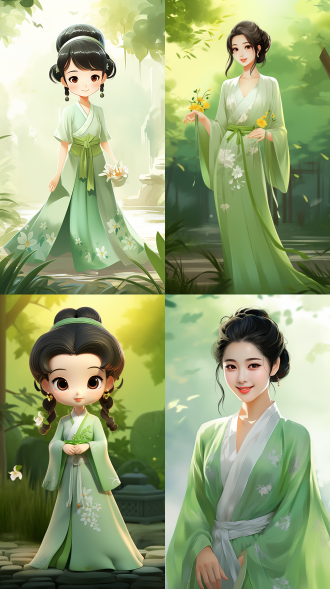 穿着淡绿色纱裙的唐代中国小女孩，夏日服饰，微笑面容，生动角色设计，国画风格，可爱、端庄魅力，古典风格，表情包，愤怒、哭泣、惊讶，8k，对角线布局，高对比度，花园内，暖色调，中焦镜头，侧光，静态，可爱。