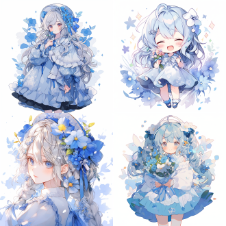 表情包，蓝色花朵裙子，小女孩