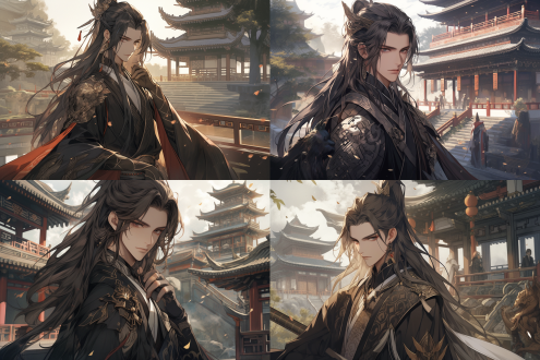 一位年轻、英俊且冷峻霸气的中国古代王爷。他身着华丽的锦缎长袍，头戴精致冠冕，站在古风建筑前，背景中可见精美的园林。他的面容俊美，眼神深邃，整体气质既文雅又不失武将的威严。色调以深色为主，但要确保面部特征清晰可见，展现出他的英俊。