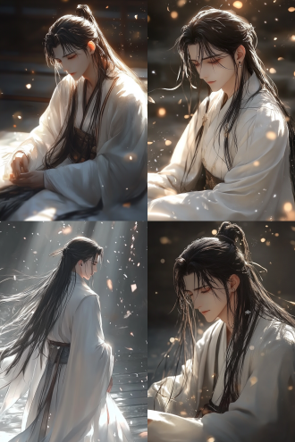 仙侠，沐浴在光中，现实主义动漫艺术风格，悲伤的男人，长长的风吹黑发，抽搐着，微弱的光芒，穿着长长的流畅的衣服，穿着白色的长袍