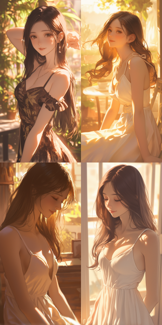 午后，亚洲长发少女，吊带长裙，淮海路咖啡馆，自然光，近景，浅景深，柔和色调，优雅，放松，对角线布局，高对比度，室内，暖色调，50mm镜头，侧光，慢快门，微笑，舒适。 环境光