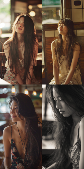 午后，亚洲长发少女，吊带长裙，淮海路咖啡馆，自然光，近景，浅景深，柔和色调，优雅，放松，对角线布局，高对比度，室内，暖色调，50mm镜头，侧光，慢快门，微笑，舒适。 环境光