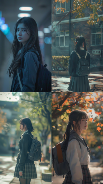 华人少女，校服，只能看到衣服，半透明效果，校园背景，柔和光线，长焦镜头，静态，神秘感，孤独。