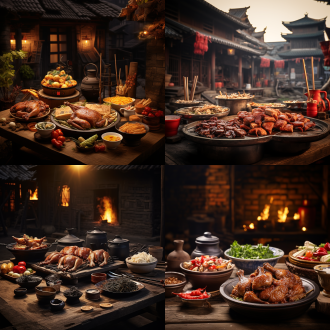 青木川古镇农家，功夫柴火鸡香辣，明清建筑环绕，广角构图，暖色调，清爽感，侧光，美食元素，闲适氛围。