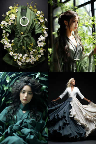 二十四节气，四季轮回，，自然光，广角镜头，柔和色调，传统服饰，微笑，希望，宁静，服装效果图 白绿 丝绸 阴阳