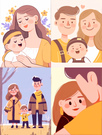扁平化设计，简洁线条，明亮色彩，无阴影，极简风格，平面布局，现代感，时尚家庭，时尚，爸爸妈妈儿子，合照，微笑，对称构图，清晰细节，温馨氛围，幸福表情，鲜艳色彩，和谐感，半身，干净背景，卡通，高饱和度，正面光，广角镜头，家庭，幸福，现代，时尚，温馨。