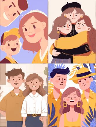 扁平化设计，简洁线条，明亮色彩，无阴影，极简风格，平面布局，现代感，时尚家庭，时尚，爸爸妈妈儿子，合照，微笑，亲子时光，清晰细节，温馨氛围，幸福表情，鲜艳色彩，和谐感，半身，干净背景，卡通，高饱和度，正面光，广角镜头，对称构图，家庭照片，现代家居，明亮房间，幸福时光，亲子互动，时尚感，简洁背景，明亮色彩，温馨家庭，幸福瞬间。