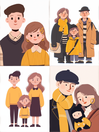 扁平化设计，简洁线条，明亮色彩，无阴影，极简风格，平面布局，现代感，时尚家庭，时尚，一家三口，合照，微笑，亲子时光，清晰细节，温馨氛围，幸福表情，鲜艳色彩，和谐感，半身，广角镜头，自然光，正面。