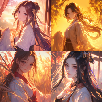 女生古风动漫头像，黄昏下，超清，半身像，柔和光线，古风服饰，长发飘逸，微笑，远景，广角镜头，暖色调，逆光，细节丰富，温柔，宁静。