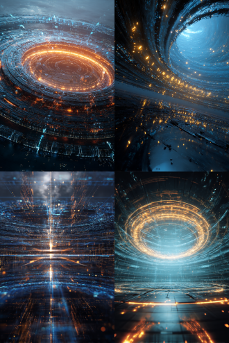 巨型神经网络矩阵于数据宇宙漂浮，透明层叠transformer架构，金色光点、蓝色数据流成环，对称构图，冷色调，全景镜头，逆光，科幻感。