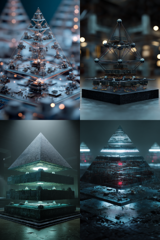 3层金字塔结构，底层硬件芯片与节点、中层知识图谱、顶层推理光束，对称布局，科技风，冷色调，室内，逆光，特写，神秘。