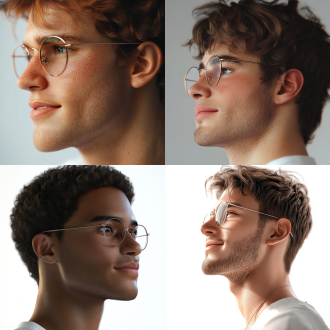 为我制作头像：白色背景，侧面轮廓脸部特写，男士，精致的眼镜，精致的脸部，微笑面容，光滑细腻，细膩细节，线条清晰，夏季潮流服装，辛烷值渲染，超细节，8k