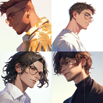 为我制作头像：白色背景，侧面轮廓脸部特写，男士，精致的眼镜，精致的脸部，微笑面容，光滑细腻，细膩细节，线条清晰，夏季潮流服装，辛烷值渲染，超细节，8k