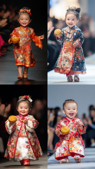 an asian baby dressed in traditional chinese clothing on the runway of pairs fashion week, with a mooncake in hand. full-body shot, a big smile, and a cute facial expression. the audience is clapping for her performance. this is a fashion photography image, hyper-realistic and high-resolution.