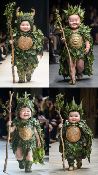 a chubby sun wukong baby wearing armor made of green leaves and vines, with forest engravings, holding a wooden golden staff, with a green vine cape behind him, walking on the paris fashion week runway, smiling happily, front view, audience on both sides of the runway.