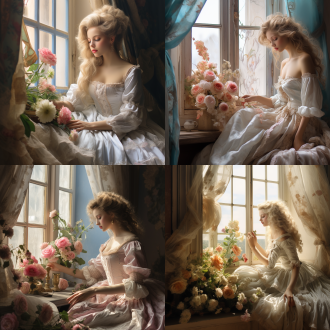 洛可可风格，少女坐在窗前插花，温柔的画面