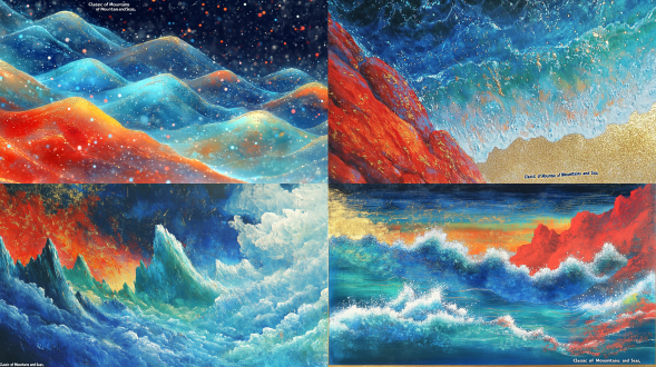 云天与幻想，创意布局，天空中飞尘粒子，墨水花纹岩石色，柔和流畅笔触，金箔背景，明快色彩，山海经动物，敦煌龟兹风，艺术感。