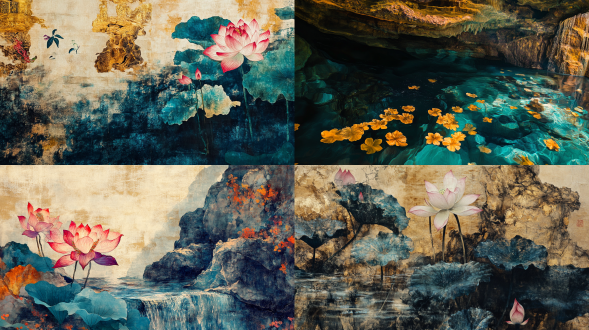 山海经岩彩水妖，特殊角度构图，抽象莲花莲叶，水流动，岩彩风格，超广角镜头，顶光，神秘色彩，水妖飘逸，魅惑表情，奇幻。 形象来自龟兹壁画，山海经动物，水墨国画和岩彩的结合，史诗般的幻想,飞尘粒子, 墨水花纹，岩石色彩，笔触极其细腻，柔和流畅，敦煌艺术风格壁画，金箔画背景，创意布局，艺术感，色彩明快，龟兹壁画风格，颜色石青，（石绿），土红、朱砂、铅丹、密陀僧、铜绿、（青金石）、土黄、雌黄、铁红、群青，