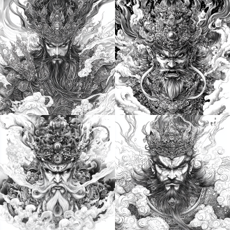 a detailed, black and white illustration of a powerful, fierce-looking warrior deity. the warrior is adorned with intricate, ornate armor and jewelry, and their face is framed by a crown with elaborate details. the warrior is surrounded by a swirling, flowing background of clouds and smoke, which adds to their ethereal and powerful presence. the image is crafted in a style reminiscent of traditional japanese art, with strong lines and bold contrasts. the warrior's imposing gaze and fierce expression suggest their strength and unwavering determination.