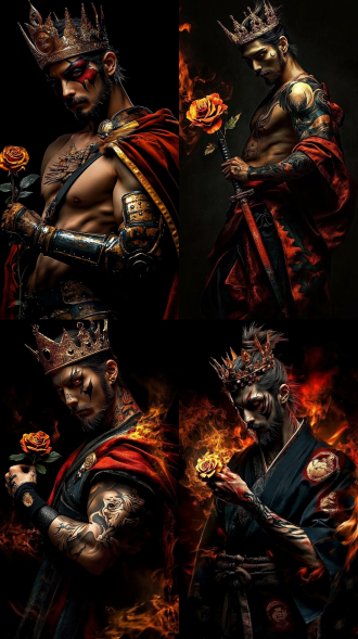 型男头戴皇冠手拿金色玫瑰全身像，聚光灯下，8k超详细，正面构图，冷色调，定焦镜头，硬光，站姿，高贵。