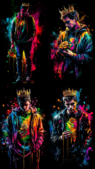 型男头戴皇冠手拿金色玫瑰全身像，聚光灯下，中心构图，8k超详细，冷色调，定焦镜头，正面光，站立，高贵。