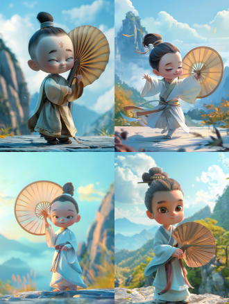 版ip形象，可爱的卡通人物，小道士，扇扇子，团扇，可爱的表情，禅意的氛围，5k，高清壁纸，卡通风格的插图，居中构图，动作捕捉，极简主义，迪士尼 照片写实 低角度 蓝天 清晨 微风 武当山