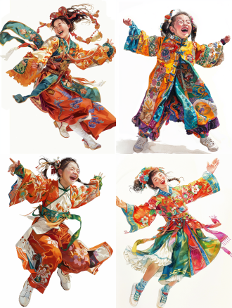大笑表情女孩，活泼，中国古风服装，白色鞋子，纯白背景，q版漫画，中国工笔风格，线条勾勒，简洁构图，高饱和度，平面化，夸张表情，明亮光线，静态，自信，纯净色彩，幽默感。 工笔画