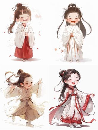 大笑表情女孩，活泼，低饱和度汉服服装，白色鞋子，纯白背景，q版漫画，中国工笔风格，线条勾勒，简洁构图，高饱和度，平面化，夸张表情，明亮光线，静态，自信，纯净色彩，幽默感。 工笔画