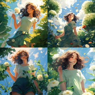 夏至手机壁纸，葳蕤，绿树成荫，街道安静，女孩手持鲜花，琼花盛开，花瓣飘落，蓝天白云，绿意盎然，阳光明媚，彩色线条平涂风格，绿色调为主，平视视角，插画画风，柔和光线，细腻笔触，清新色彩，宁静氛围，自然元素，温馨情感。