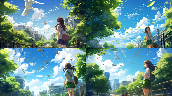 盛夏时节，电脑壁纸，绿树成荫，街道两侧梧桐树高达茂盛，街道安静，有一女孩手持琼花，树叶飘落，蓝天白云，绿意盎然，阳光透过树叶缝隙撒落下来，绿色调为主，俯视视角，卡通画风，高清，清新，自在，广角镜头，自然光，柔和阴影，细节丰富，宁静，舒适。