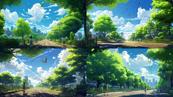 盛夏时节，电脑壁纸，绿树成荫，街道两侧梧桐树高达茂盛，街道安静，女孩走在树荫下，树叶飘落，蓝天白云，绿意盎然，阳光透过树叶缝隙撒落，远处道路宽阔，绿色调为主，远视视角，卡通画风，高清，清新，自在，广角镜头，自然光，柔和阴影，动态模糊，宁静，舒适。