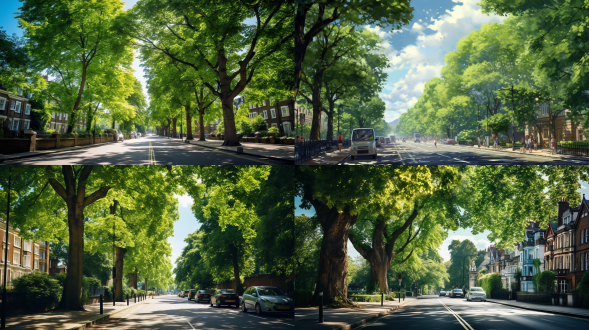 盛夏时节，电脑壁纸，绿树成荫，街道两侧梧桐树高达茂盛，街道安静，有一女孩走在树荫下，树叶飘落，蓝天白云，绿意盎然，阳光透过树叶缝隙撒落下来，远处道路宽阔，一眼望不到尽头，绿色调为主，远视视角，卡通画风，高清，清新，自在，街道，梧桐树，女孩，树叶，蓝天，白云，阳光，缝隙，绿色调，远视，卡通，高清，清新，自在。