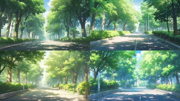 盛夏时节，电脑壁纸，南京，绿树成荫，街道两侧梧桐树高达茂盛，街道安静，有一女孩走在树荫下，树叶飘落，蓝天白云，绿意盎然，阳光透过树叶缝隙撒落下来，远处道路宽阔，一眼望不到尽头，绿色调为主，远视视角，卡通画风，高清，清新，自在。