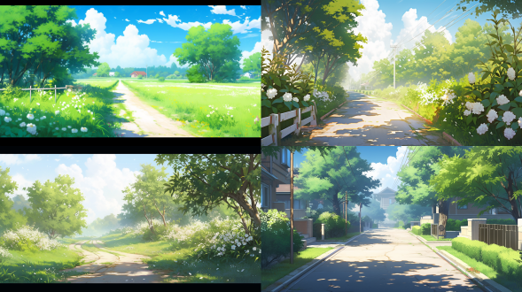 盛夏江南，电脑壁纸，街道安静，琼花洁白，蓝天白云，绿意盎然，阳光撒落，道路宽阔，绿色调，远视视角，卡通画风，高清，清新，自在，郁郁葱葱，广角镜头，自然光，柔和色调，宁静，远景，细节丰富。