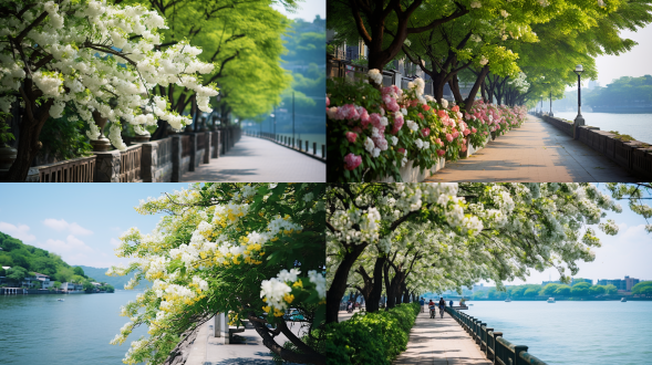 盛夏江南，街道安静，琼花洁白，蓝天白云，绿意盎然，阳光洒落，道路宽阔，绿色调，远视视角，卡通画风，高清，清新，自在，郁郁葱葱，洁白无瑕，广角镜头，自然光，宁静，远景，绿色调，清新，自在。