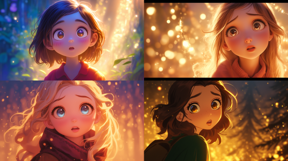 小女孩特写，惊讶表情，星光森林背景，迪士尼风格，暖色调，大光圈，低角度，柔光，梦幻，神秘，特写镜头，高光，星光，童话，魔法，神秘感，温暖，柔和，梦幻色彩。