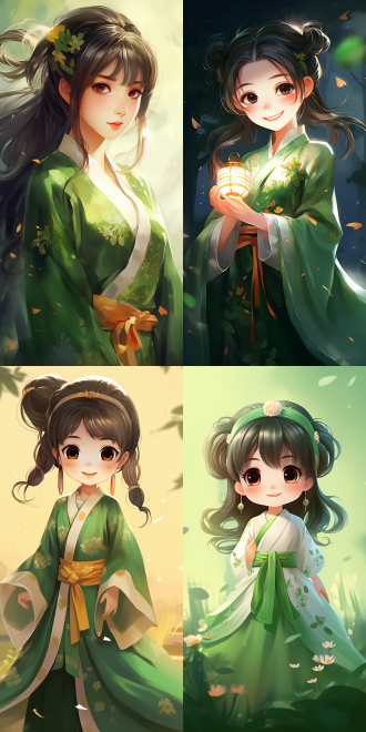 卡通女孩身穿绿色汉服，微笑，半身像，柔和光线，温暖色调，细腻质感，卡通风格，正面视角，明亮色彩，愉悦表情，细节丰富，高饱和度，广角镜头，自然光，正面光，柔和阴影，可爱风格，细腻笔触，明亮背景，温馨氛围。